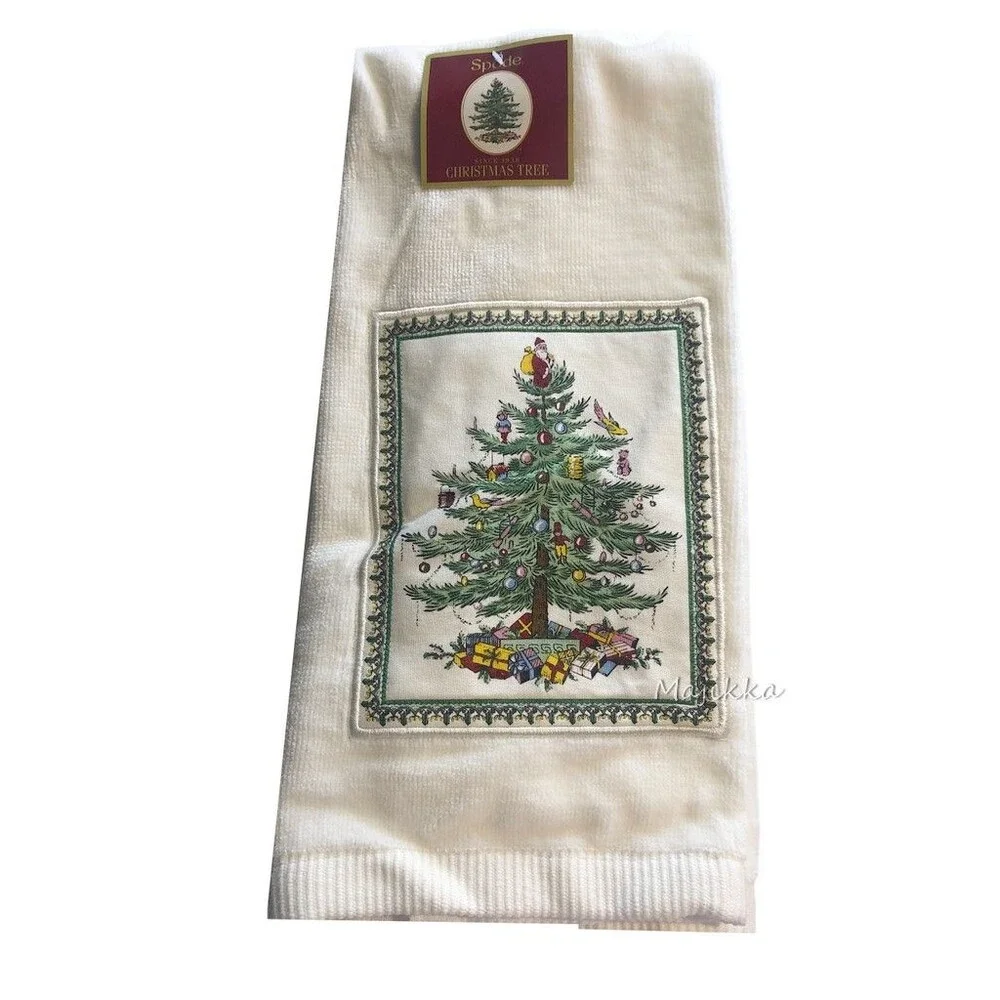 Christmas Tree Spode Dish Towel 100% Cotton White Appliqued 27x19 Holiday Winter